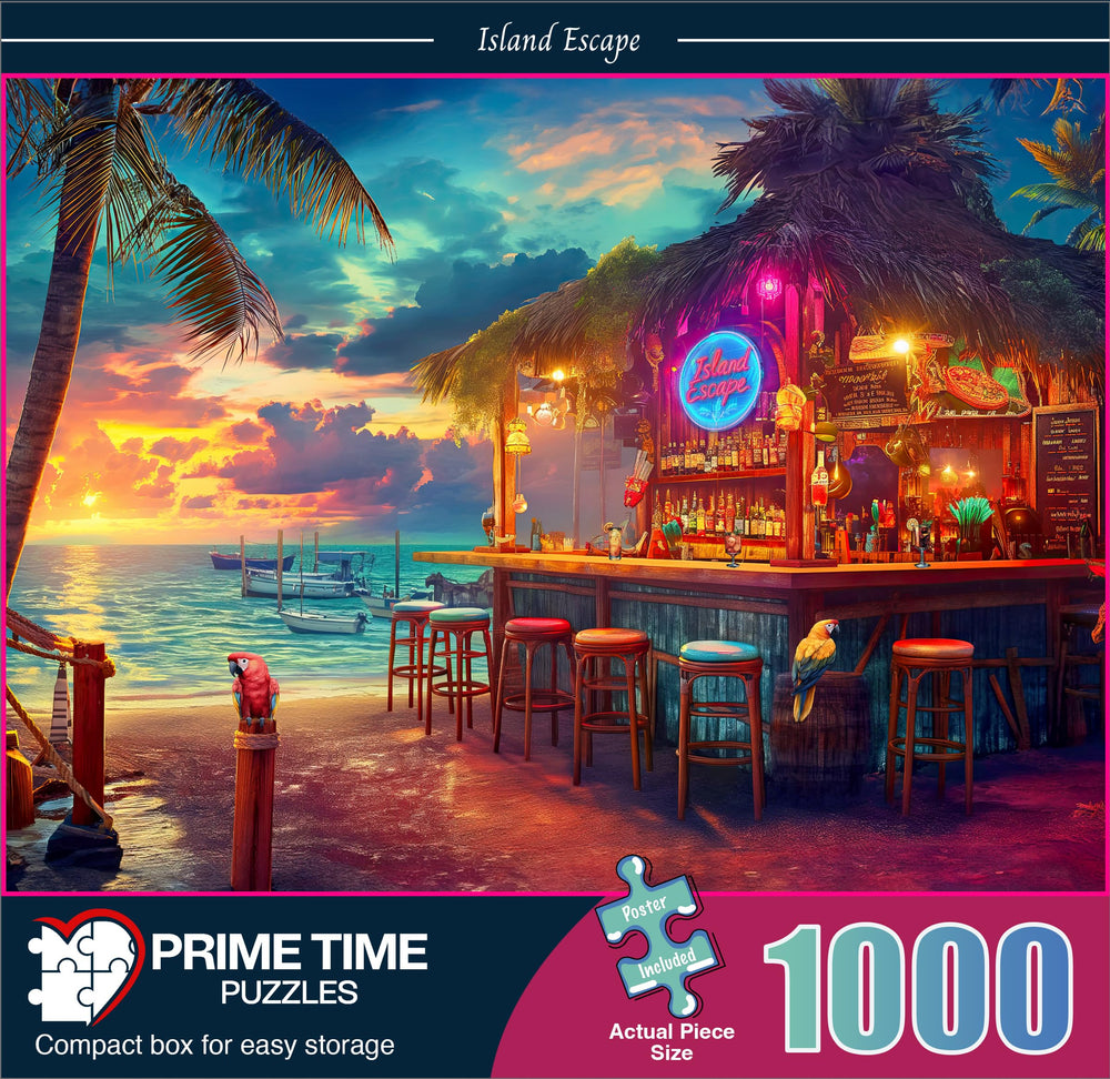 Prime Time Puzzles Beach Bar at Sunset scene highlights vibrant sunset tones for inspiration.