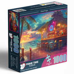 Prime Time Puzzles 1000-piece Beach Bar artwork features parrots perched on beams for tropical charm.