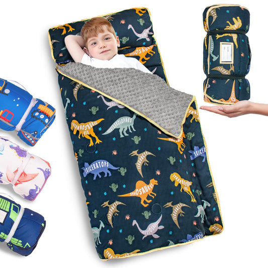 PRIMLECT dinosaur nap mat 55x35 rolled up for daycare use.