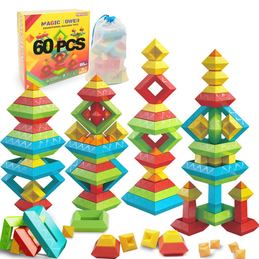 Prinlion stacking toys 60 pcs blocks in use, encouraging collaborative play and fine motor skills.