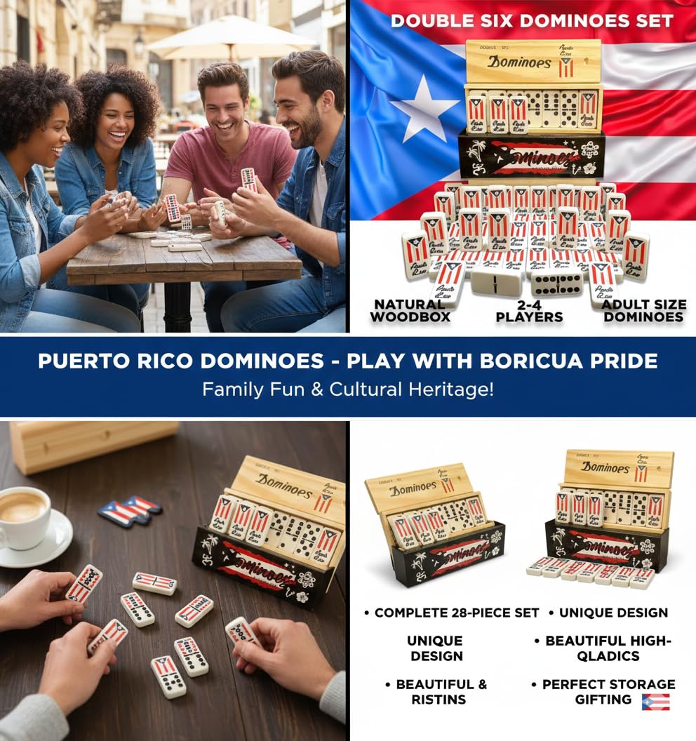 PRK 14 double six domino tiles feature Puerto Rican flag design for memorable family gameplay.