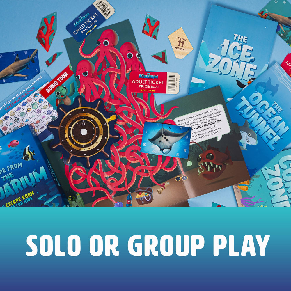 Professor Puzzle Escape from The Aquarium game night scene—family-friendly escape room in a box