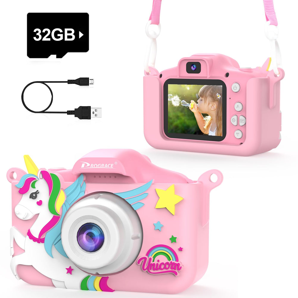 PROGRACE Kids Camera unicorn front view for playful memories and selfies.