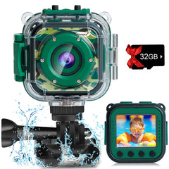 PROGRACE waterproof kids camera showing 100ft depth capability for underwater adventures