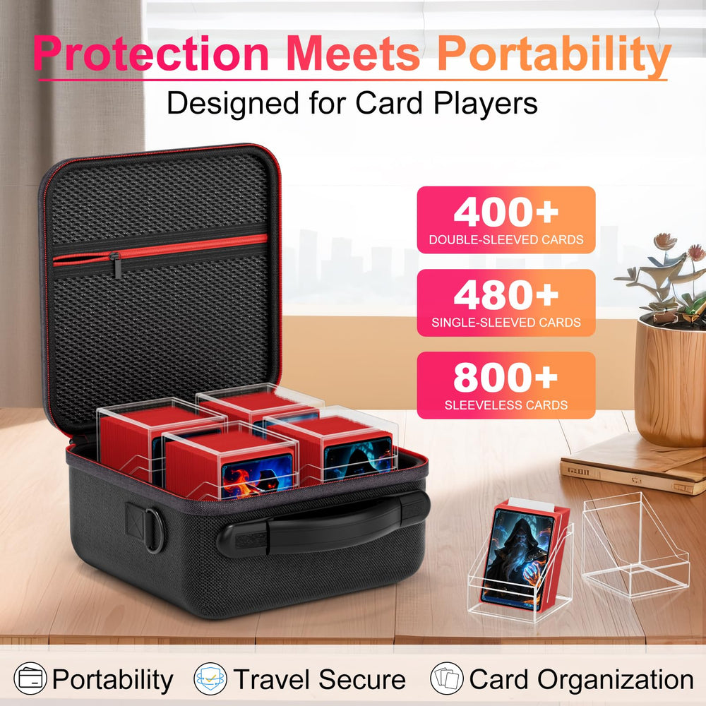 Proijeut acrylic deck boxes with four dividers keep card types organized.