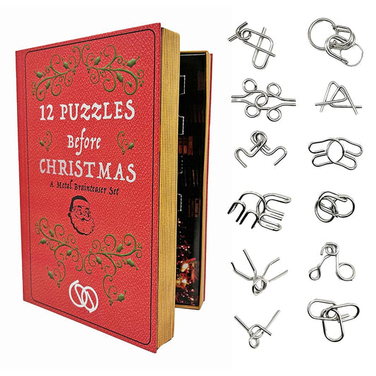 Project Genius 12 Puzzles Before Christmas book cover with festive metal challenges for family fun