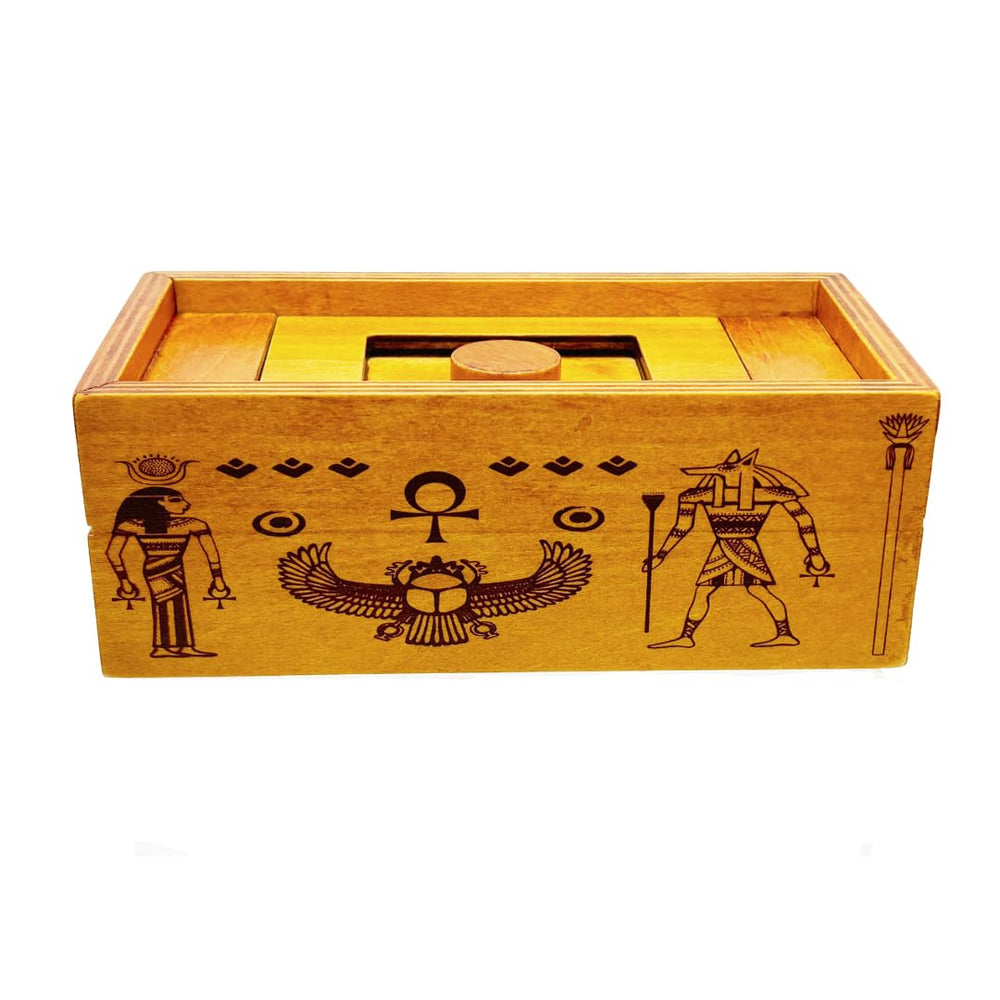 Project Genius Pharoahs Tomb box in open state reveals intricate secret mechanism for puzzlers.