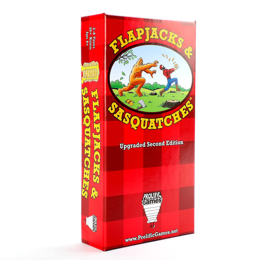 Prolific Games Flapjacks & Sasquatches box front shows the upgraded edition for quick play