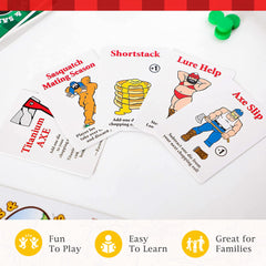 Wooden chop tokens provide tactile feedback during lively lumberjack actions