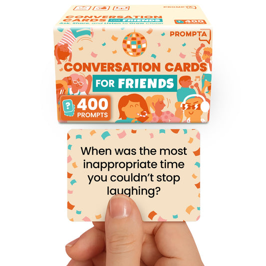 Prompta 400 Conversation Cards box showing an ideal icebreaker for group hangouts and game nights