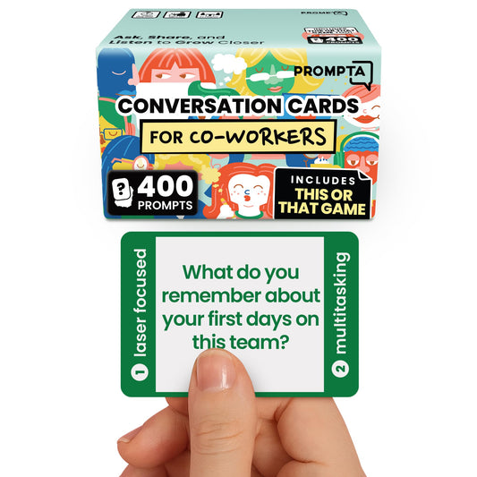 Prompta 400 Conversation Cards cover laid out on desk to spark team connection