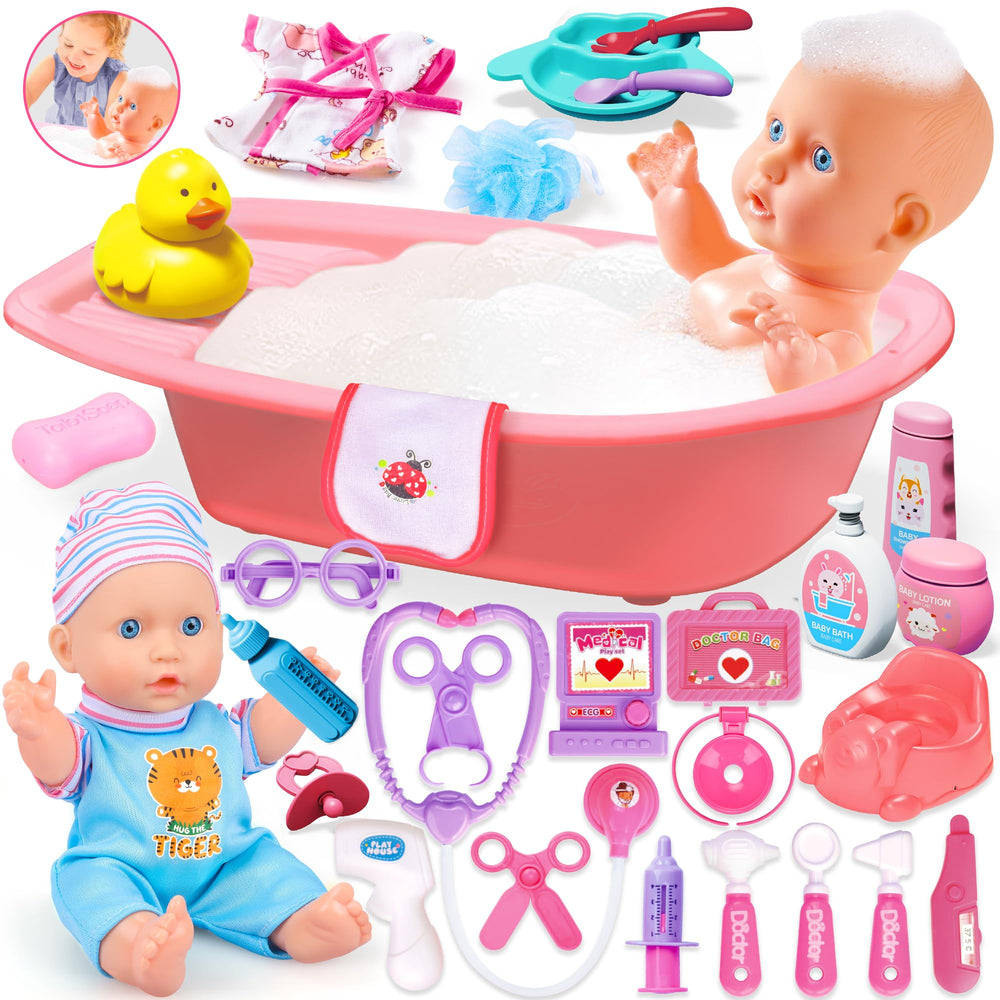 PROOU baby doll care set with bath tub for nurturing play.