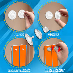Prtneg suction cups secure track to smooth surfaces.