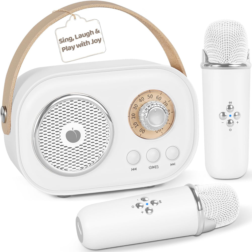 PRUNUS C20 mini karaoke machine front view showing compact design and dual mics for easy family singing.