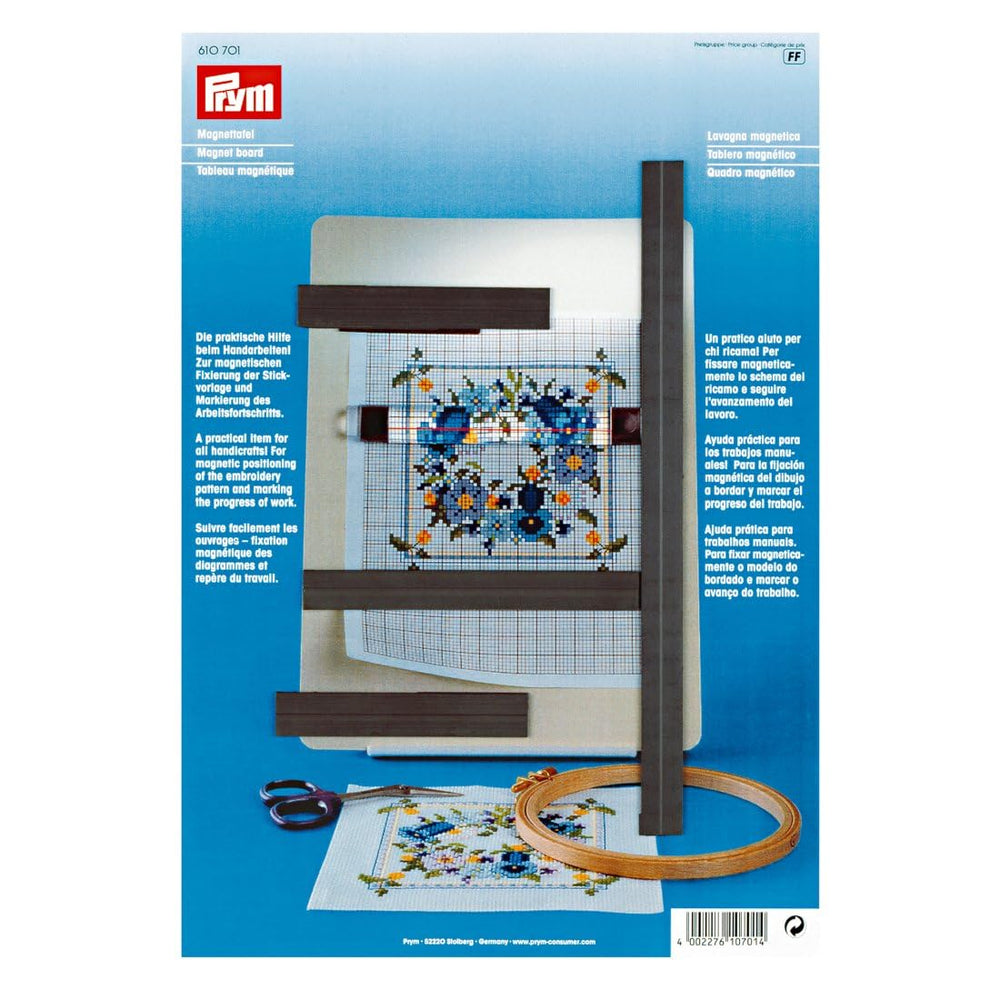 Prym magnet board for embroidery patterns keeps templates flat during stitching.
