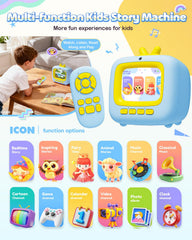 Prysyedawn Story Machine Kids Blue screen display highlights 100+ stories and multimedia content.