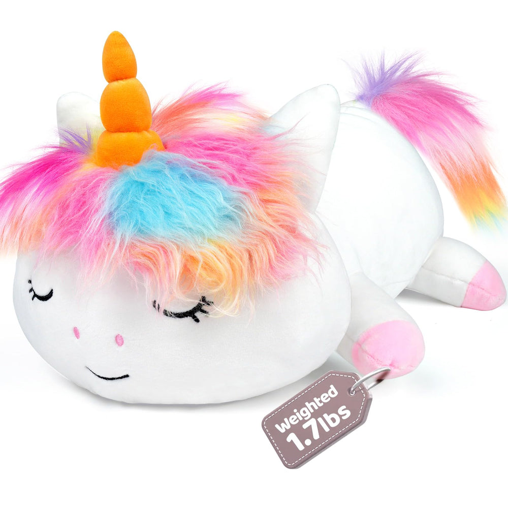 Puffpals unicorn weighted plush showing gentle hug for calm use.