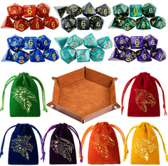 PUGED DND dice set collection with six polyhedral sets and bold numerals for easy reading.
