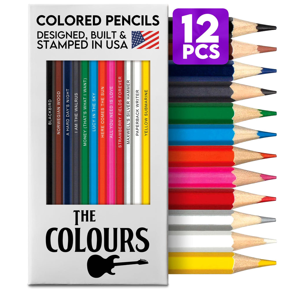 Pun Labs Colours pencil set for adult coloring with Beatles-inspired colors.