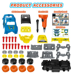 Pup Go tools included with blue construction car for realistic assembly.