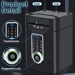 Pupidiu fingerprint piggy bank coin slot close-up highlights easy cash insertion.