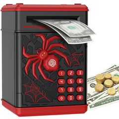 Pupidiu Spider fingerprint piggy bank front view shows kid-friendly design and secure password.