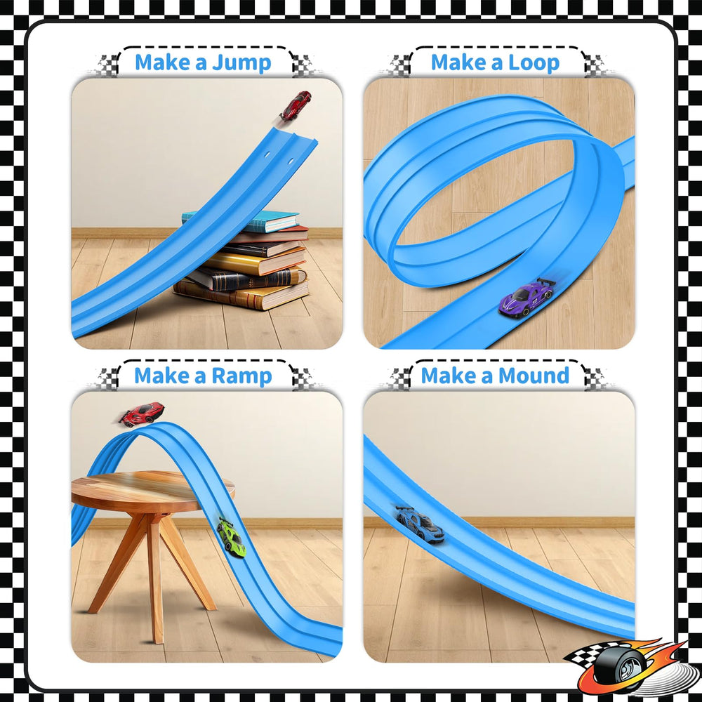 Puppiluv track compatible with 1/64 diecast cars for versatile racing.