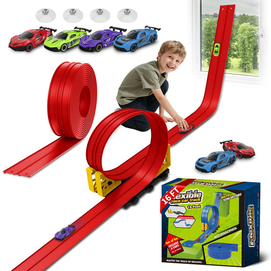 Puppiluv Flex Race Track mounted on a window for secure indoor play and racing