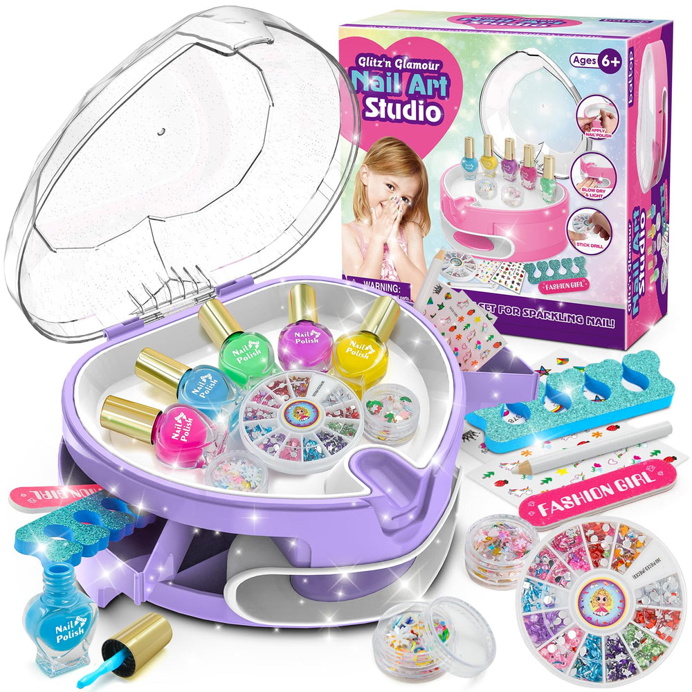 PUPPSITTY kids nail polish set in purple display for easy color selection during play