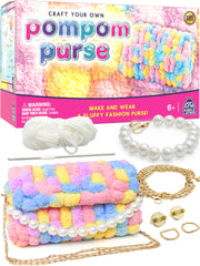 Purple Ladybug pom-purse kit contents for easy at-home crafting