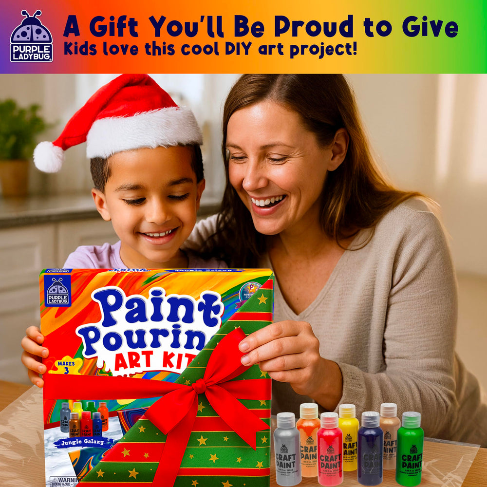 PURPLE LADYBUG kit with seven paint bottles enables vibrant color experiments.