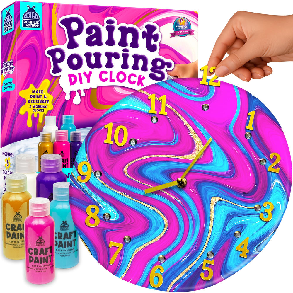 PURPLE LADYBUG pouring paint clock face for a colorful learning activity