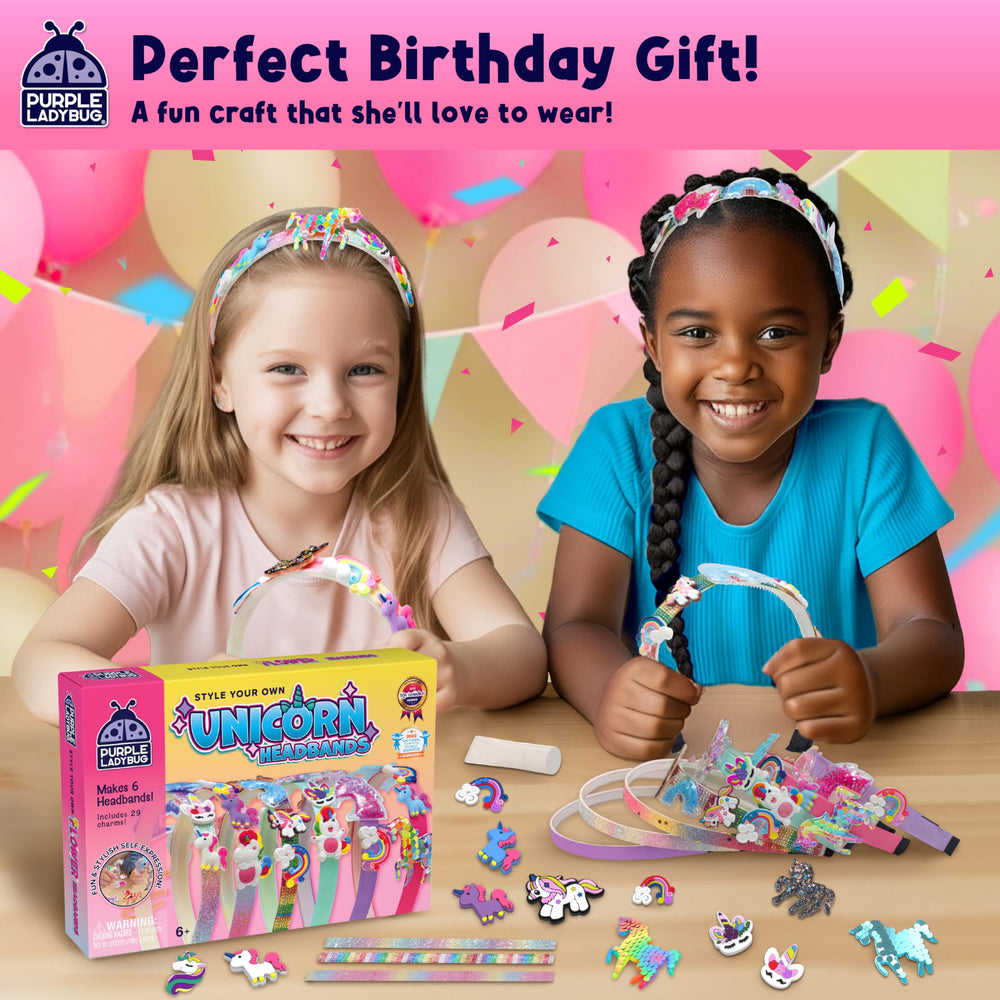 Purple Ladybug unicorn headband kit crafting session captures kids creating six unique headbands