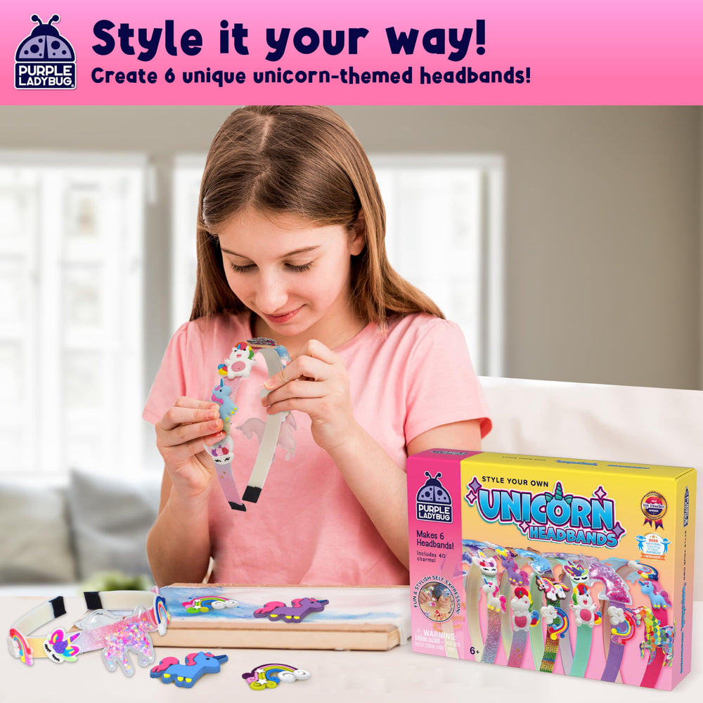 Purple Ladybug unicorn headband kit glue bottle demonstrates easy, strong adhesion for sturdy results