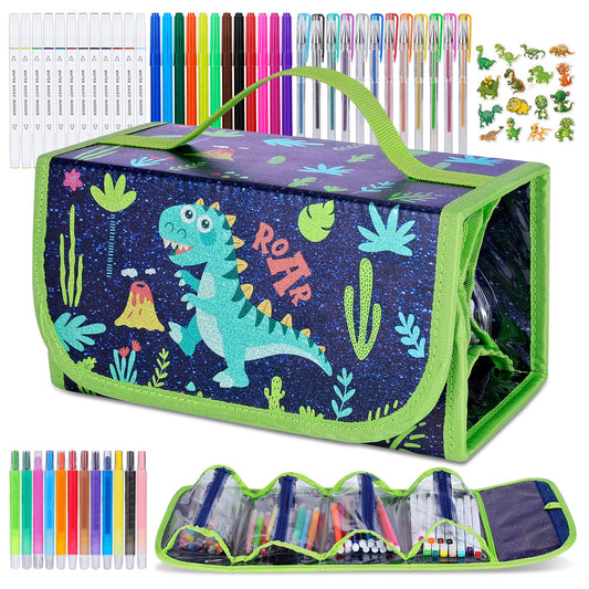 Purtarly Dinosaur Markers pencil case keeps art supplies neatly organized for kids.