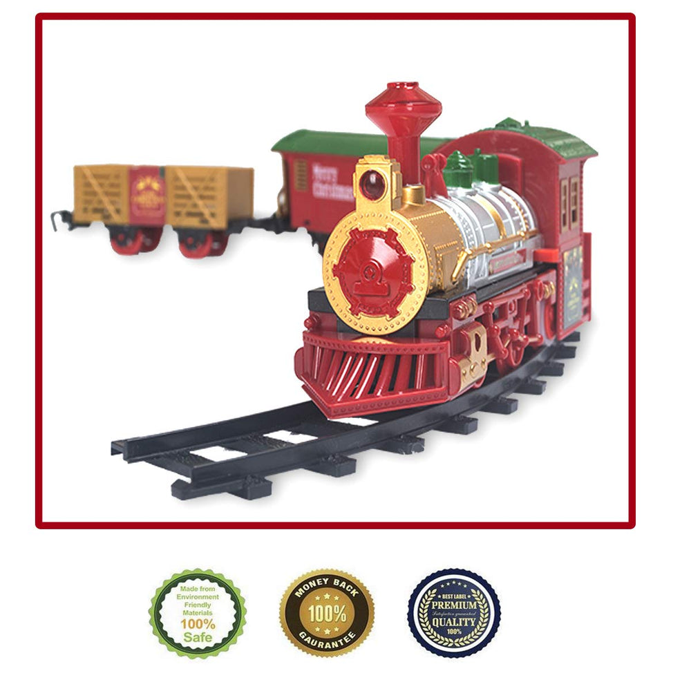 PUSITI Christmas tree scene with the train adding motion and charm.