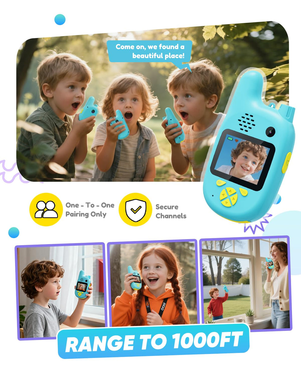 Kids using Pussan walkie talkies for safe indoor outdoor chats