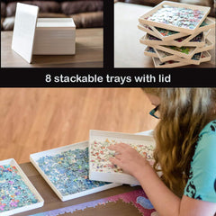 PUZZLE EZ stackable trays demonstrate space-saving design for puzzle sessions.