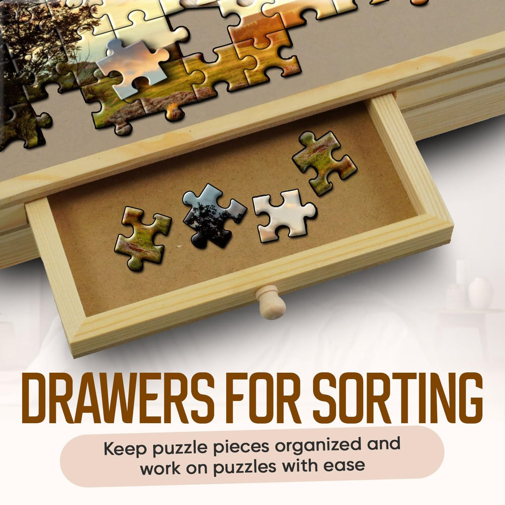 PuzzleCraft wooden puzzle board showcases quality craftsmanship and storage.