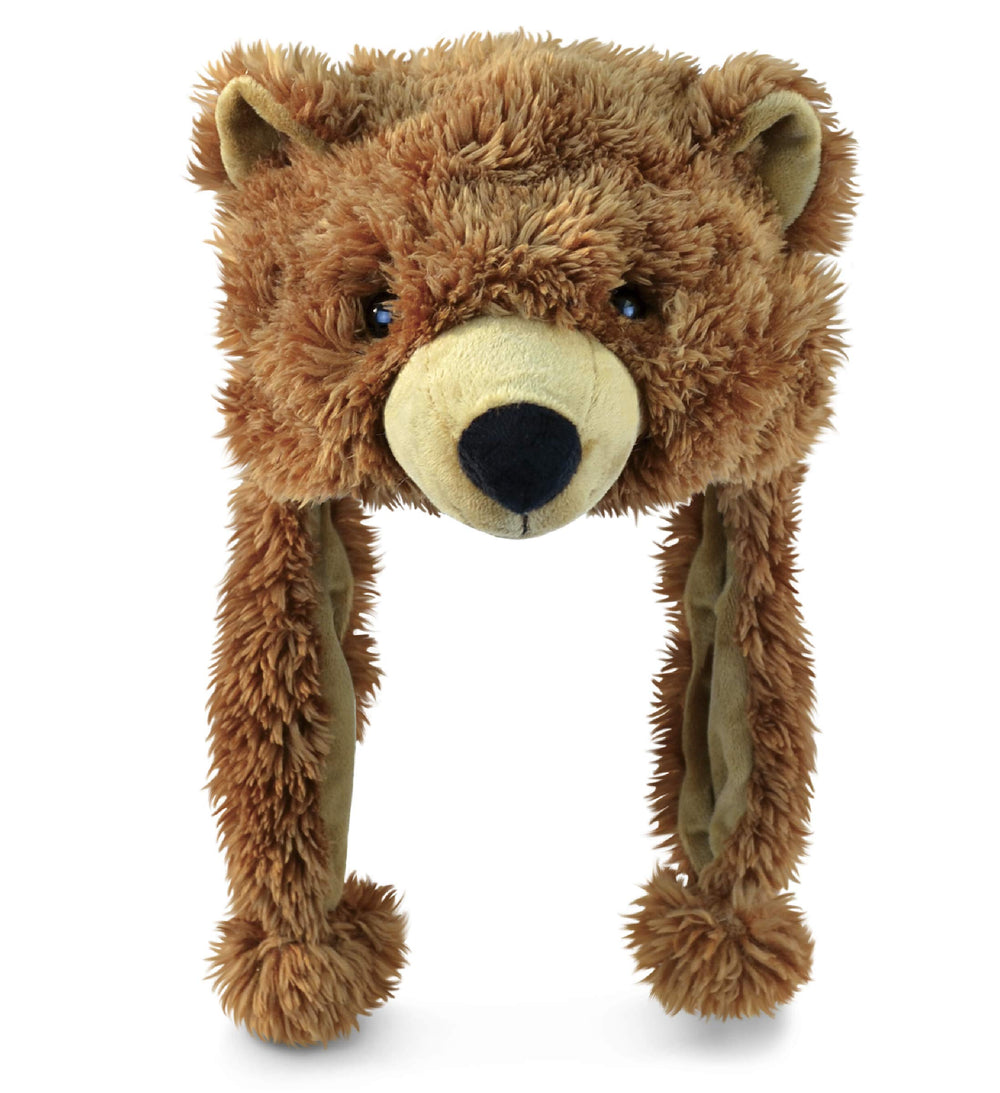 Puzzled brown grizzly bear hat front view showing plush warmth