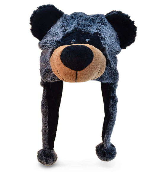 Puzzled DolliBu Black Bear Plush Hat front view, cozy warmth for winter adventures