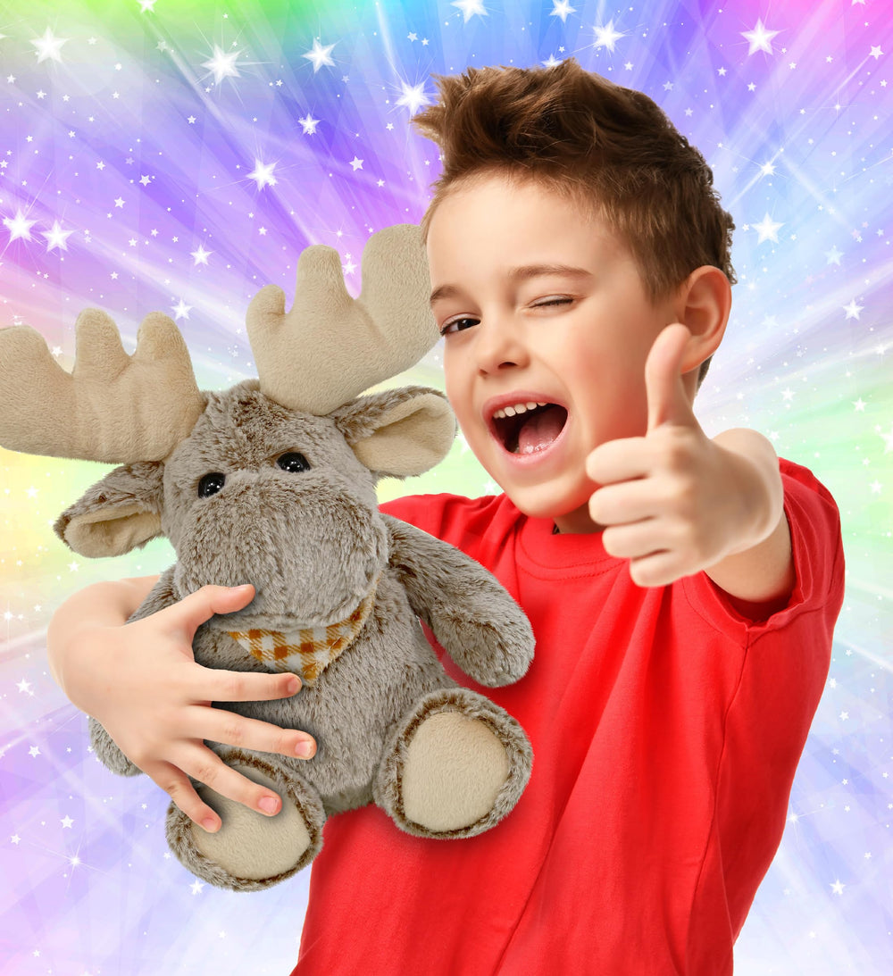 Puzzled moose plush with realistic eyes enhances imaginative play.