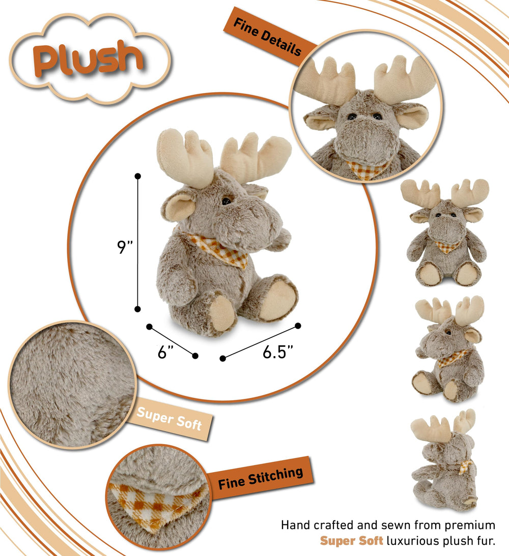 Puzzled sitting moose plush adds wildlife room decor for kids.