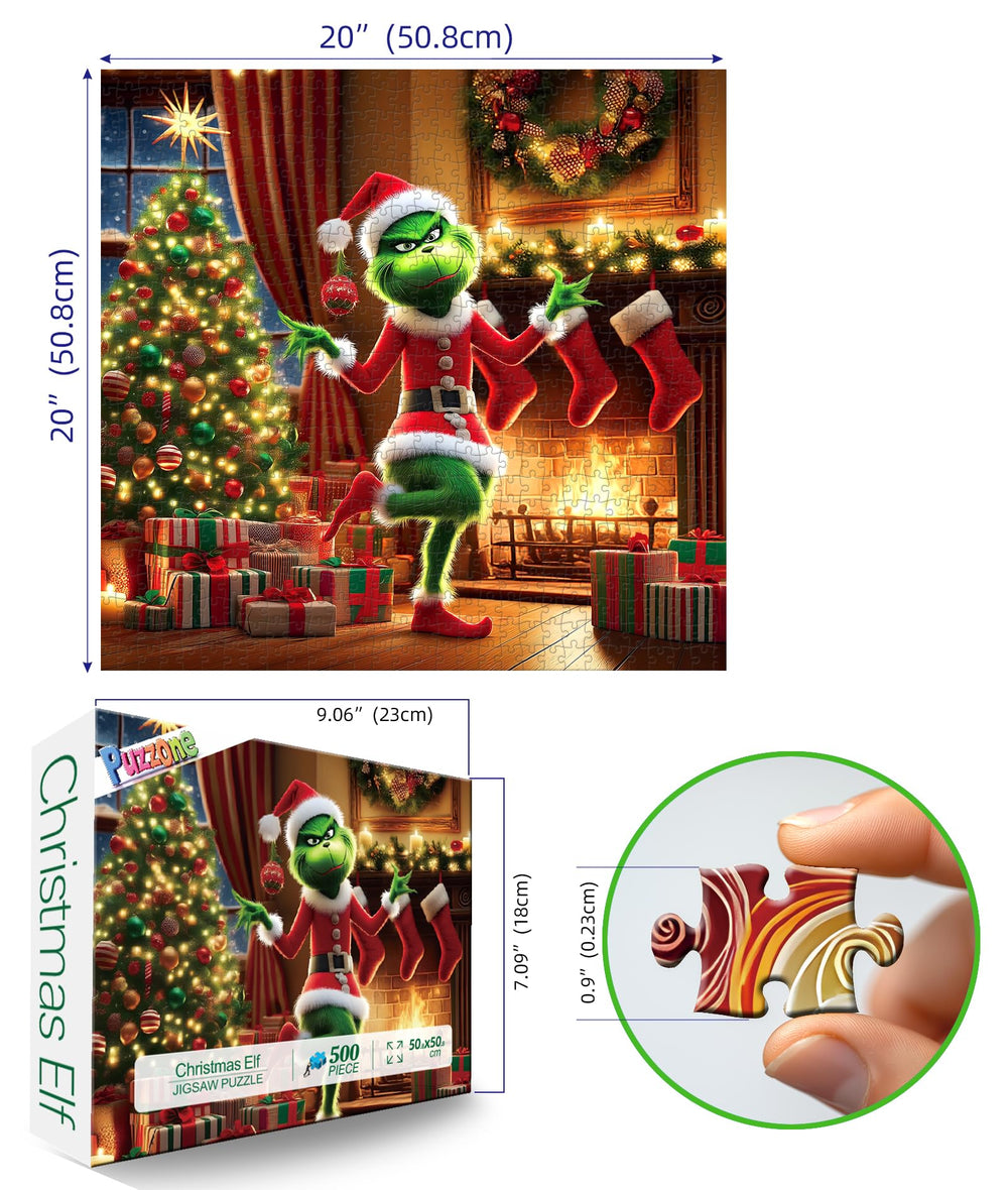 PuzzOne Christmas 500-piece puzzle by the fireplace with stockings