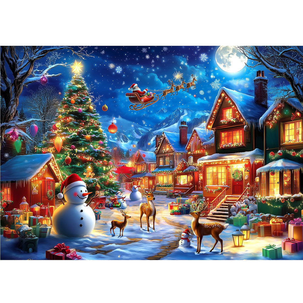 PuzzOne Christmas village 1000-piece puzzle with glowing cottages, ideal for cozy family evenings.