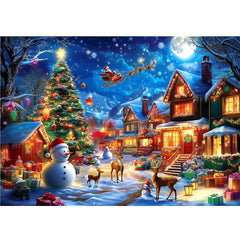 PuzzOne Christmas village 1000-piece puzzle with glowing cottages, ideal for cozy family evenings.