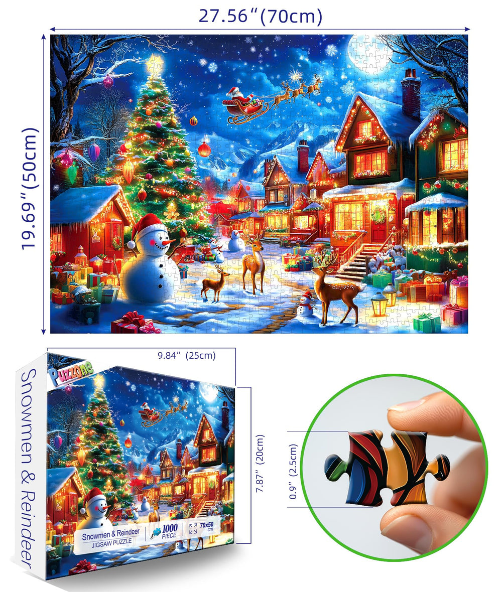 PuzzOne snowmen and reindeer scene puzzle, perfect for festive concentration and holiday decor.