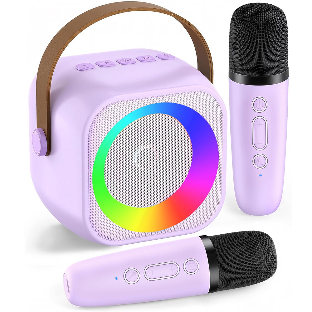 Pxzvd mini karaoke machine with leather handle for easy portability.
