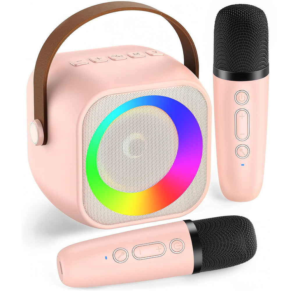 Pxzvd mini karaoke machine pink front view showcases portable design for on-the-go fun.