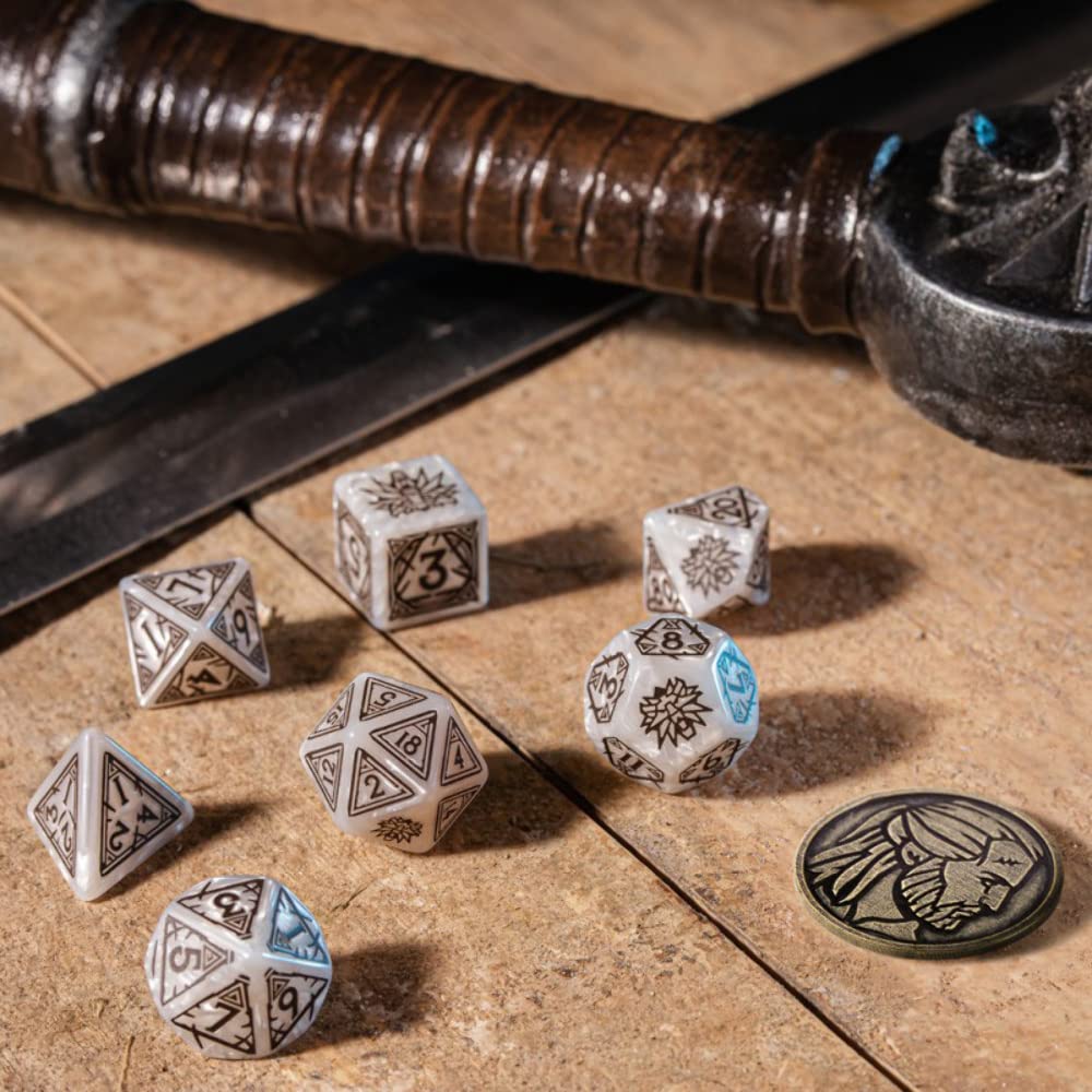 Q Workshop Witcher dice set Wolf-symbol detail suitable for display and fans.